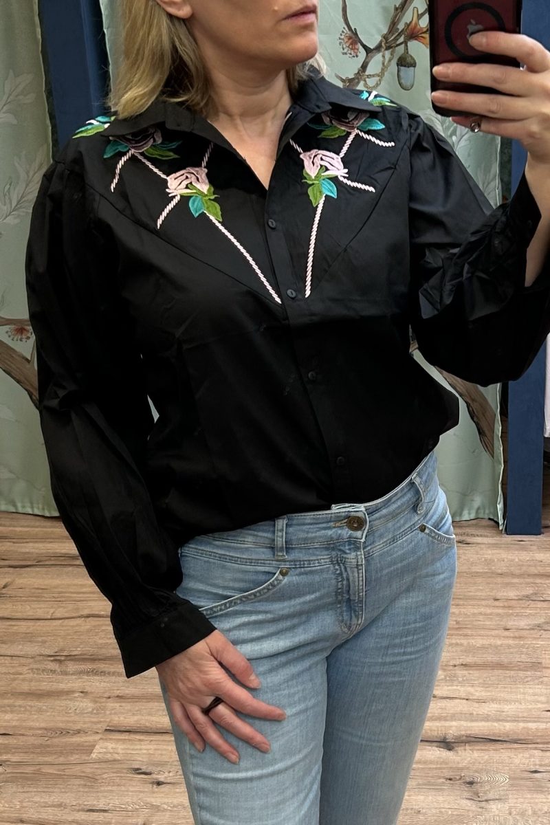 Blouse Pink Flower Black - Turquoise by Daan